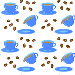 Seamless pattern with a blue cup of coffee and brown coffee grains