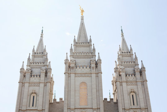 Low angle view Mormon temple spires, Salt Lake City, Utah, USA