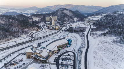 PYEONGCHANG, SOUTH KOREA: Winter view of ski resort in Pyeongchang, South Korea - obrazy, fototapety, plakaty