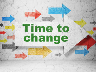 Timeline concept:  arrow with Time to Change on grunge textured concrete wall background, 3D rendering