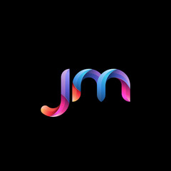 Initial lowercase letter jm, curve rounded logo, gradient vibrant colorful glossy colors on black background