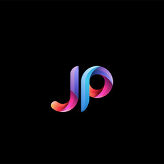 Initial lowercase letter jp, curve rounded logo, gradient vibrant colorful glossy colors on black background