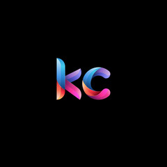 Initial lowercase letter kc, curve rounded logo, gradient vibrant colorful glossy colors on black background