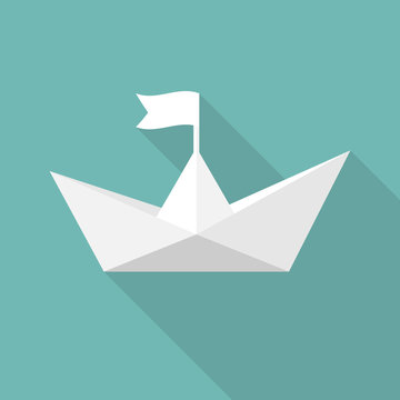 Paper ship. Vector illustration flat design. Isolated on background. Paper white boat. Origami style.
