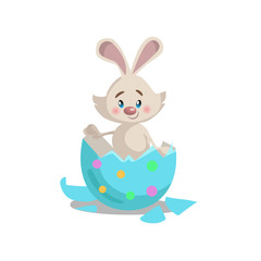 Cartoon cute easter bunny hatching from painted colorful  egg. Easter spring vector mascot illustration.