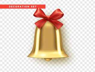 Traditional holiday decoration element, golden bell with red bow. Vector realistic isolated on background with transparency