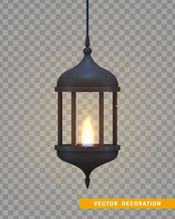 Vintage dark lantern with a burning realistic fire.
