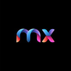 Initial lowercase letter mx, curve rounded logo, gradient vibrant colorful glossy colors on black background