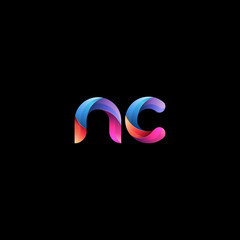 Initial lowercase letter nc, curve rounded logo, gradient vibrant colorful glossy colors on black background