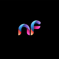 Initial lowercase letter nf, curve rounded logo, gradient vibrant colorful glossy colors on black background
