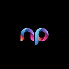 Initial lowercase letter np, curve rounded logo, gradient vibrant colorful glossy colors on black background