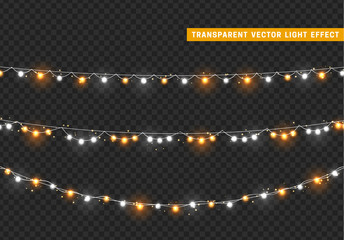 Christmas lights isolated realistic design elements. Xmas glowing lights. Garlands, Christmas decorations.