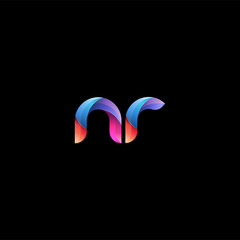 Initial lowercase letter nr, curve rounded logo, gradient vibrant colorful glossy colors on black background