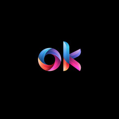 Initial lowercase letter ok, curve rounded logo, gradient vibrant colorful glossy colors on black background