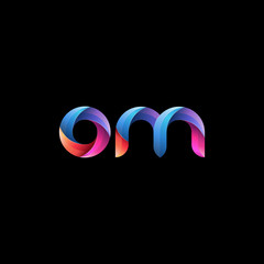 Initial lowercase letter om, curve rounded logo, gradient vibrant colorful glossy colors on black background