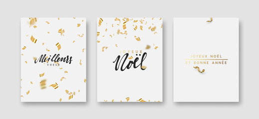 French text Joyeux Noel. Merry Christmas and Happy New Year greeting card. Background flying golden confetti and serpentine