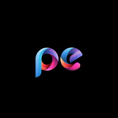 Initial lowercase letter pe, curve rounded logo, gradient vibrant colorful glossy colors on black background