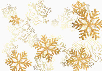 Winter holiday pattern with golden bright shining snowflakes with gold glitter.