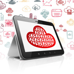 Cloud technology concept: Tablet Computer with  red Cloud With Code icon on display,  Hand Drawn Cloud Technology Icons background, 3D rendering