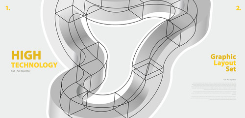 Graphic layout set with abstract curved vector shape, reminiscent of technological development, nanotechnology component. Isometric brand high technology institution, research center, laboratories.