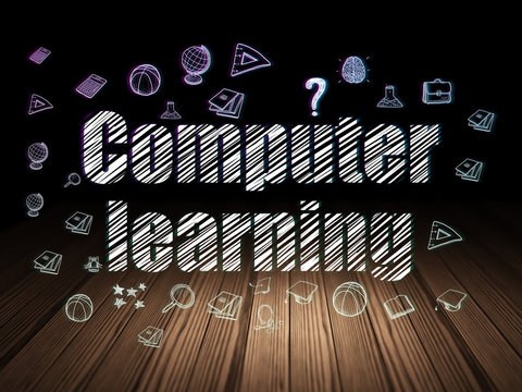 Education concept: Glowing text Computer Learning,  Hand Drawn Education Icons in grunge dark room with Wooden Floor, black background
