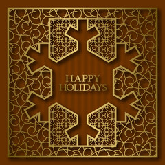 Happy Holidays greeting card cover background with golden ornamental frame in snowflake shape.