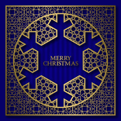Merry Christmas greeting card cover background with golden ornamental frame in snowflake shape.
