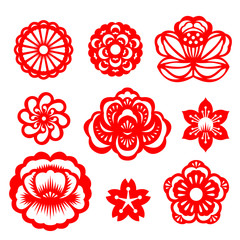 Red paper cut flowers china vector set design
