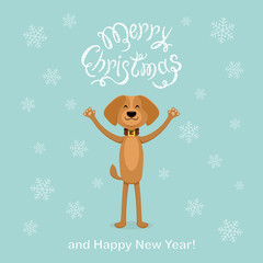 Blue Christmas background with happy dog and snowflakes