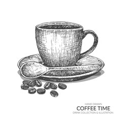 Coffee cup and beans. Coffee break in morning time. Vintage hand drawn black and white drink collection. Isolated vector elements.