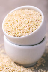 White sesame seeds. Copy space. Horizontal view.