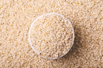 White sesame seeds. Copy space. Top view.