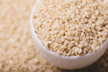 White sesame seeds. Copy space. Top view.