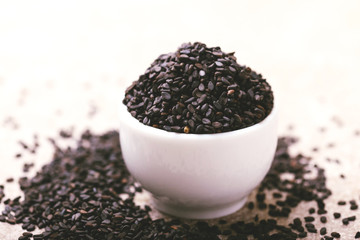 Black sesame seeds. Copy space. Horizontal view.