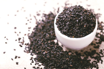 Black sesame seeds. Copy space. Horizontal view.