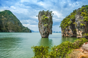 khaotopu island, khaopinggan island or james bond island tourist attraction at phangnga in thailand