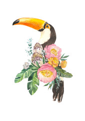 exotic bright bird tukan with blooming flowers. Isolated decorative element. Watercolor bird concept. Tropical concept. flower concept © valeriyabtsk