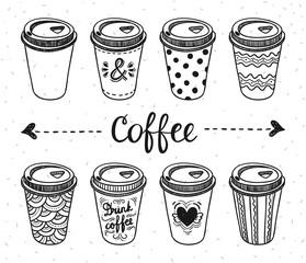 Coffee paper cups take away hand drawn outline illustrations. Coffee to go breakfast cafe elements