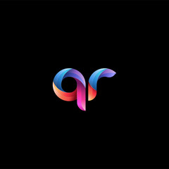 Initial lowercase letter qr, curve rounded logo, gradient vibrant colorful glossy colors on black background