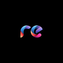 Initial lowercase letter re, curve rounded logo, gradient vibrant colorful glossy colors on black background - obrazy, fototapety, plakaty