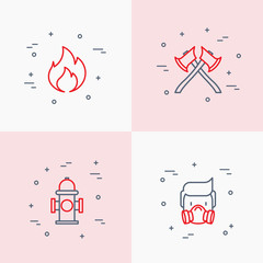 Firefighter thin line icons set: fire, respirator, axes, hydrant. Modern vector illustration.