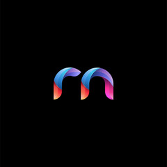 Initial lowercase letter rn, curve rounded logo, gradient vibrant colorful glossy colors on black background