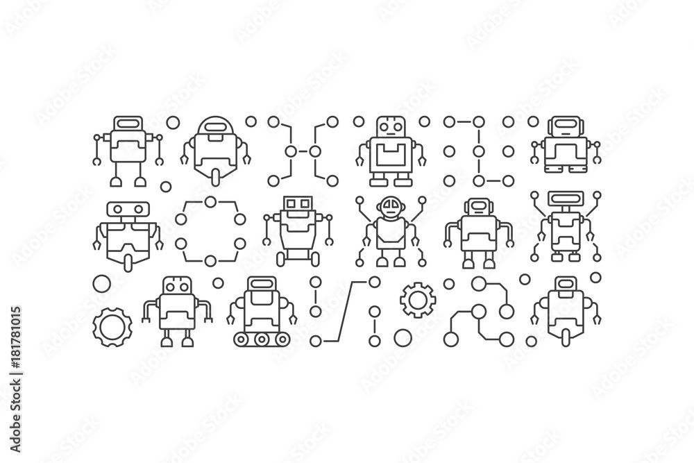 Poster robots vector horizontal banner or illustration in line style
