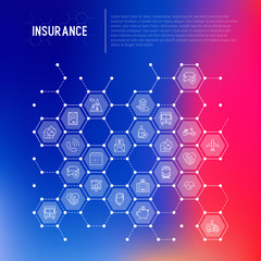 Fototapeta premium Insurance concept in honeycombs with thin line icons: health, life, car, house, savings. Modern vector illustration for banner, template of web page, print media.