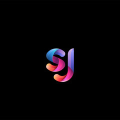 Initial lowercase letter sj, curve rounded logo, gradient vibrant colorful glossy colors on black background