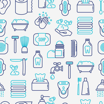 Hygiene concept seamless pattern with thin line icons: hand soap, shower, bathtub, toothpaste, razor, shaving brush, sanitary napkin, comb, ball deodorant, mouth rinse. Vector illustration.