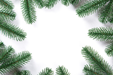 Fototapeta na wymiar Christmas fir tree frame on white background. Free space
