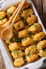 Casserole of Tater Tots with cheese and herbs close up in a baking dish. Vertical top view