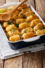 Homemade Baked Tater Tots with cheese, meat and greens close up in a dish baking dish. vertical