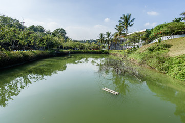 Tainan, Taiwan-November 17, 2017:Beauty views, blue sky and green 

trees in White Church Park for Tourism and Photo Shooting in 

Yujing.